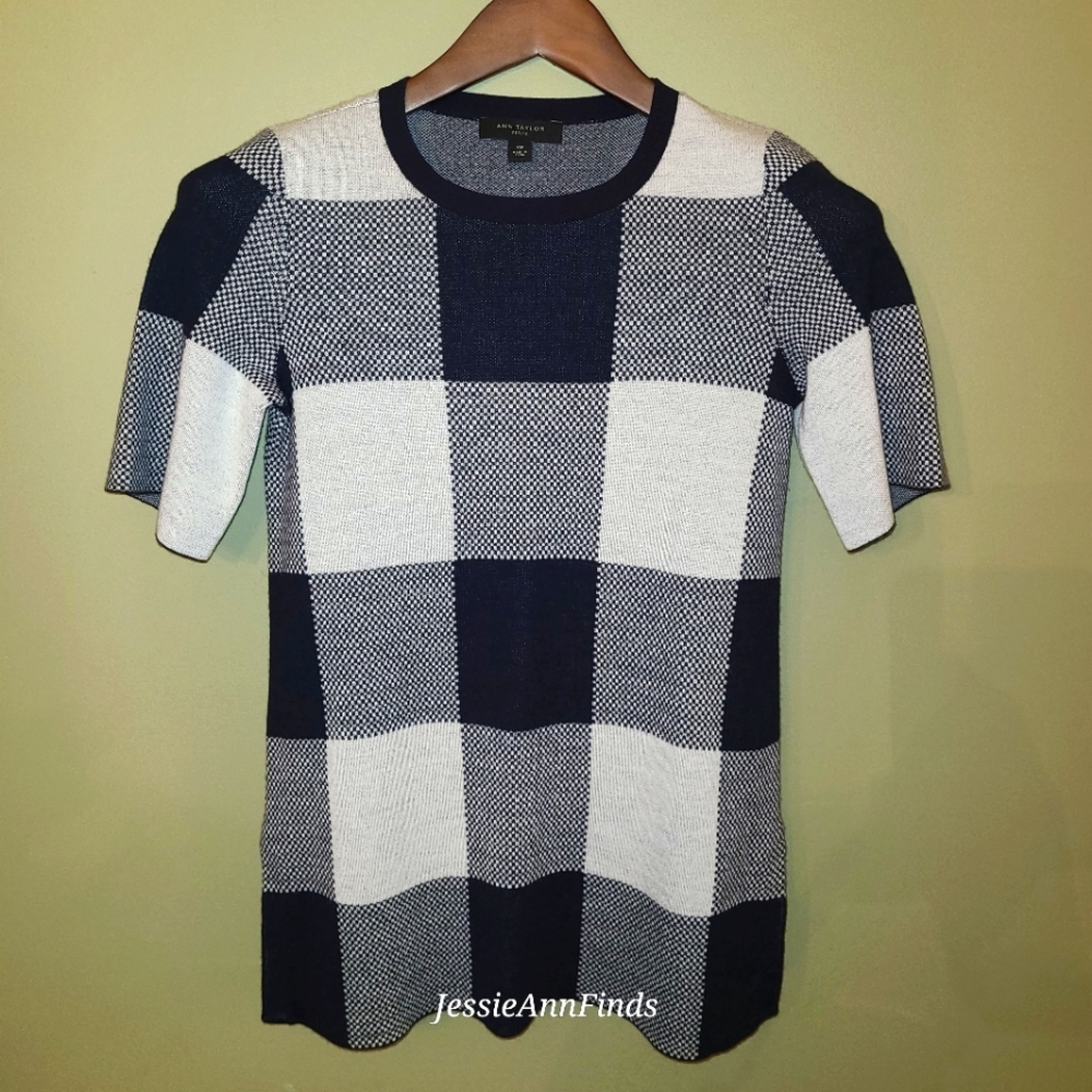 Ann Taylor Petite Blue Buffalo Plaid Wool  Blend Tunic Sweater Size XS Petite